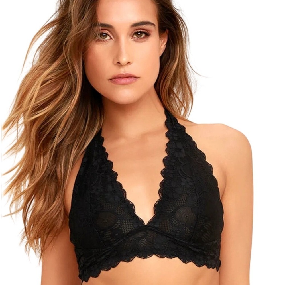 Free People Intimately Galloon Black Lace Halter Bralette Medium Bra